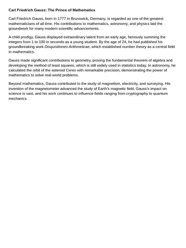 Carl Friedrich Gauss The Prince Of Mathematics | PDF