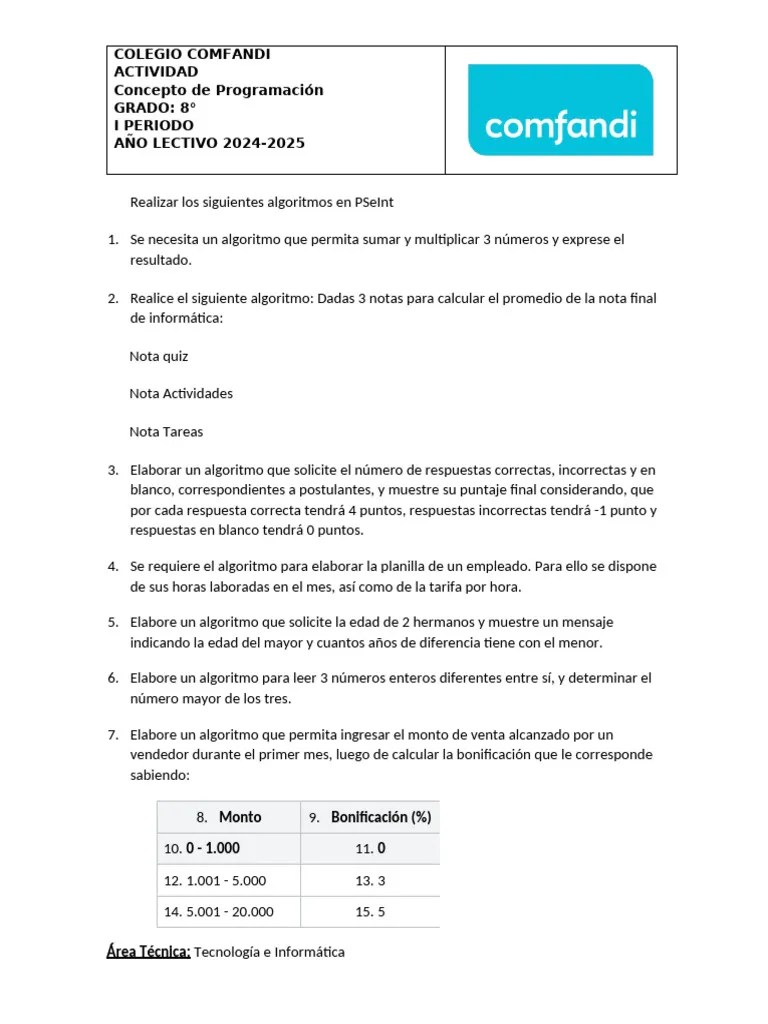 ACTIVIDAD+-+ALGORITMOS+PSeInt | PDF | Algoritmos | Informática