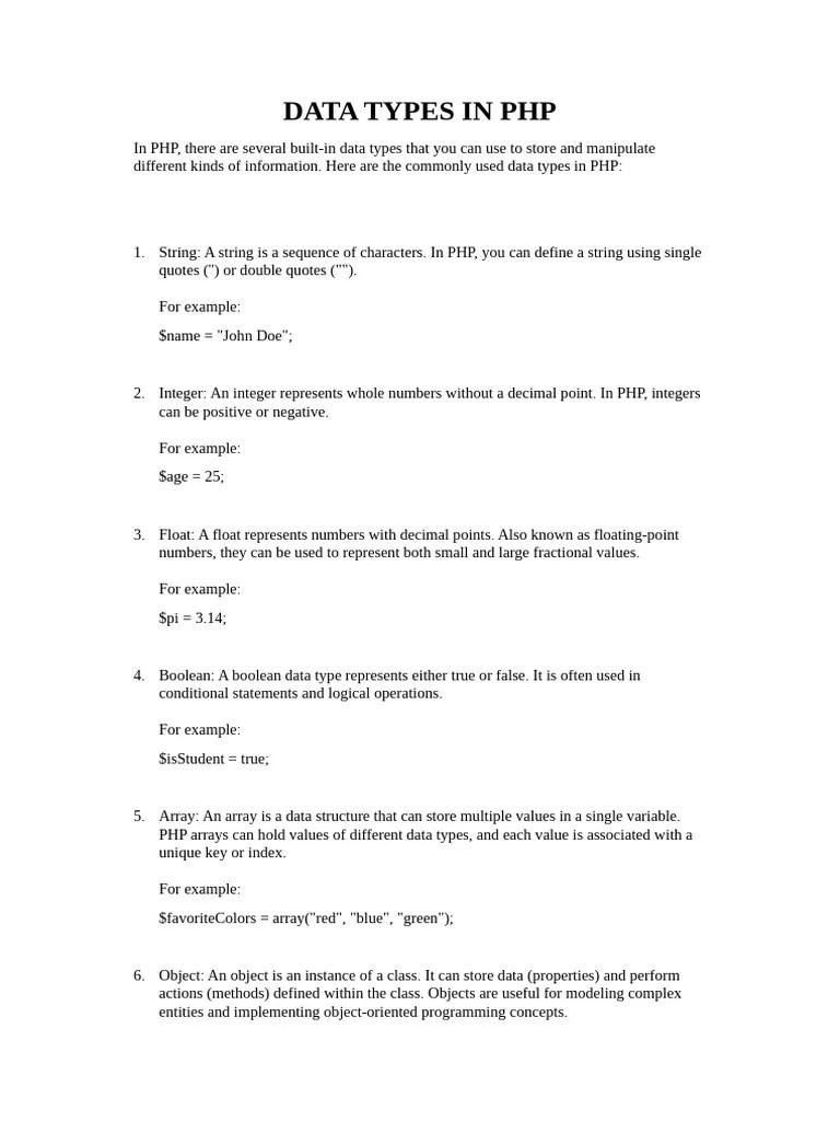 DATA TYPES IN PHP | PDF | Php | Data Type