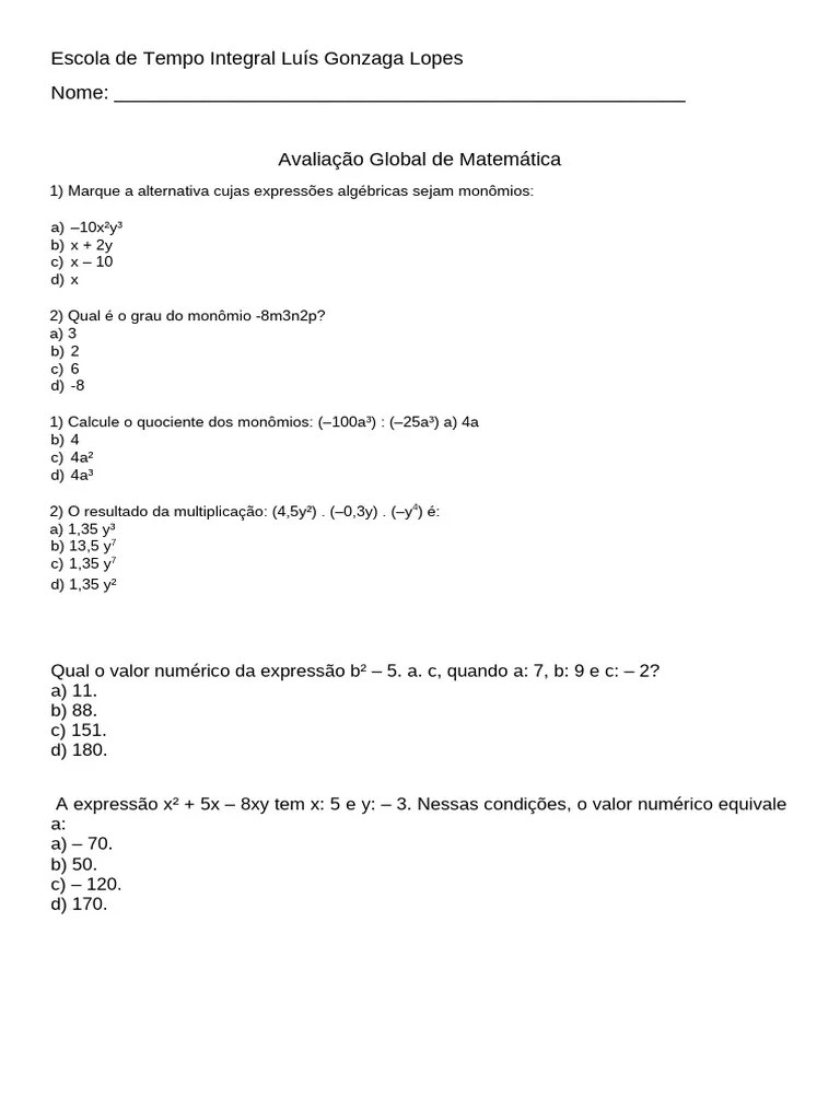 8 Ano A - Expressões Algebricas - Avaliação De Matematica | PDF