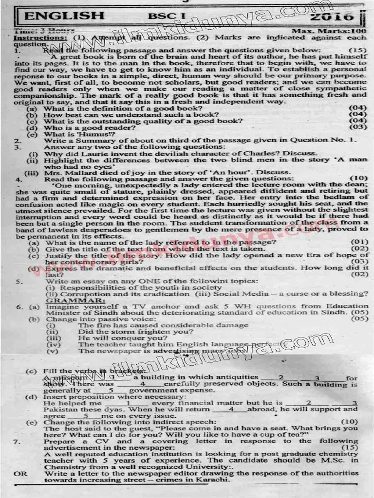 Past Papers 2016 Karachi University BSC Part 1 English | PDF