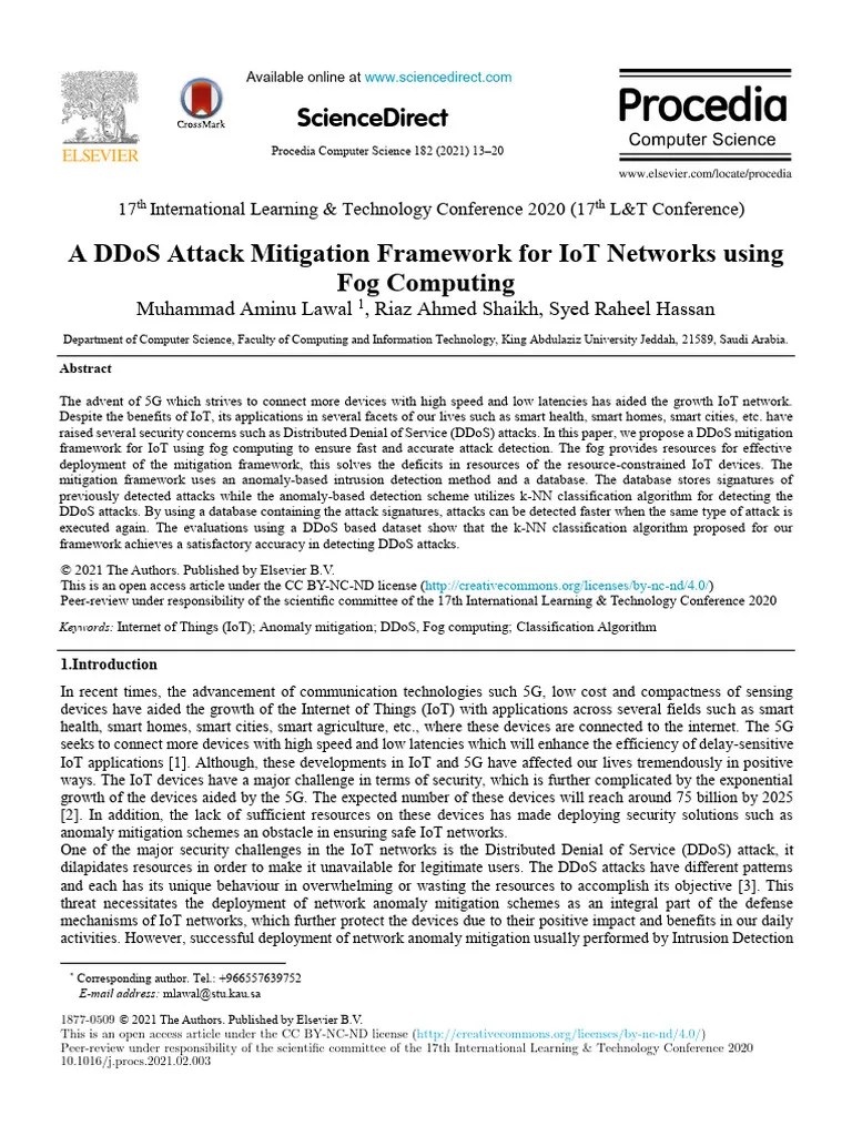 A DDoS Attack Mitigation Framework For IoT Networks Using Fog Computing ...