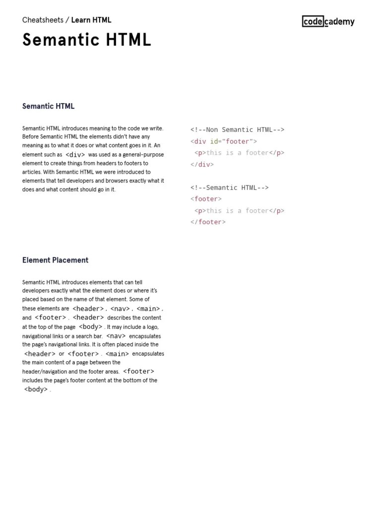Learn HTML_ Semantic HTML Cheatsheet _ Codecademy | PDF | Html | Tag (Metadata)