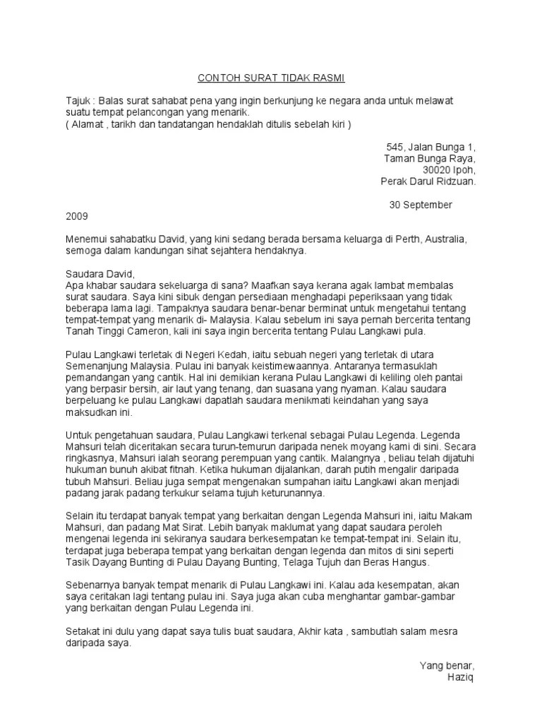 Entri ini hanya sebagai bimbingan untuk membantu kalian menulis. Surat Tidak Rasmi Kepada Kawan Tentang Percutian Letter 7saudara Com