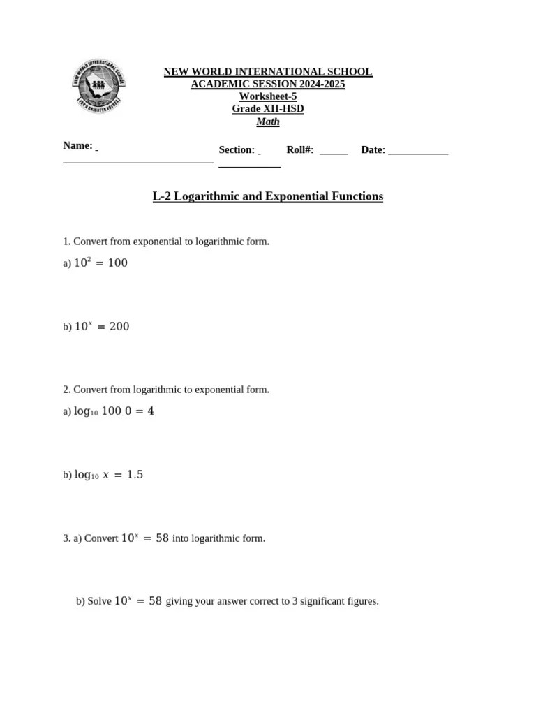 WS - 12 HSD - Log - Exponinatial - Functn - 2024 - 25 | PDF