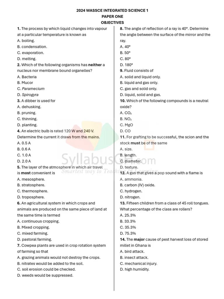 2024 Wassce Integrated Science 1 | PDF | Atmosphere Of Earth | Acid