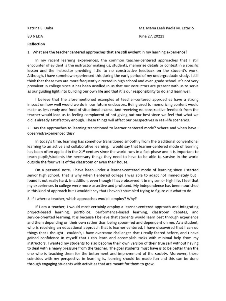 Dimensions Of Student Centered Learning Reflection | PDF | Learning ...