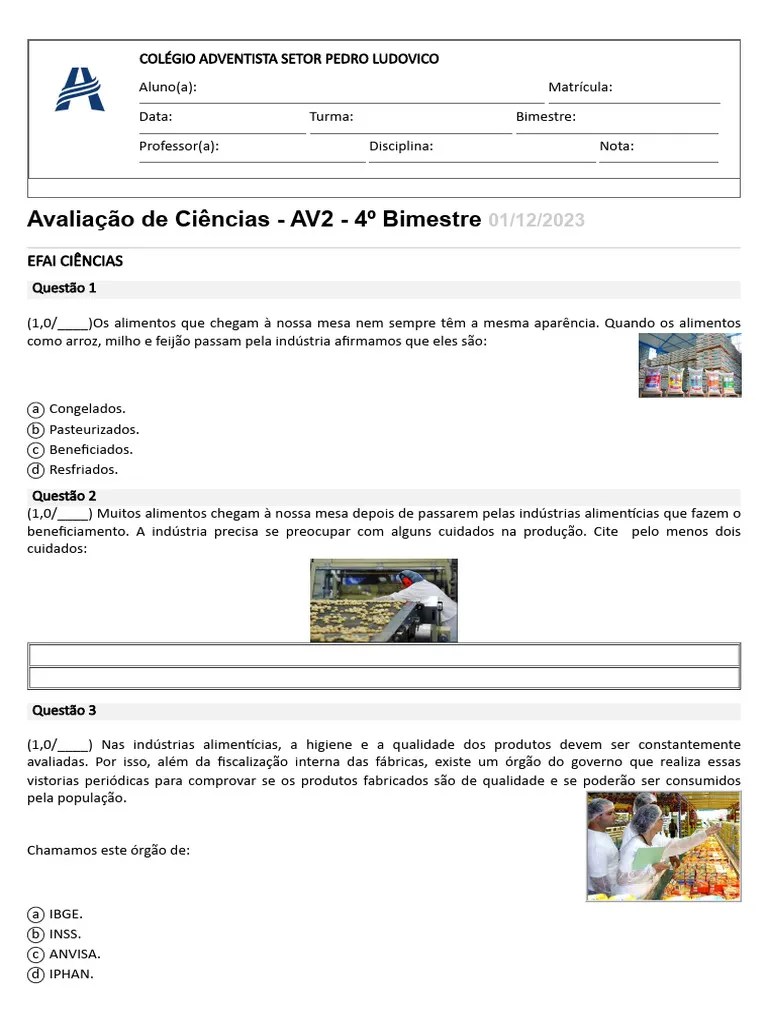 AV2 CIÊNCIAS 4º BIM 3º ANO | PDF | Alimentos