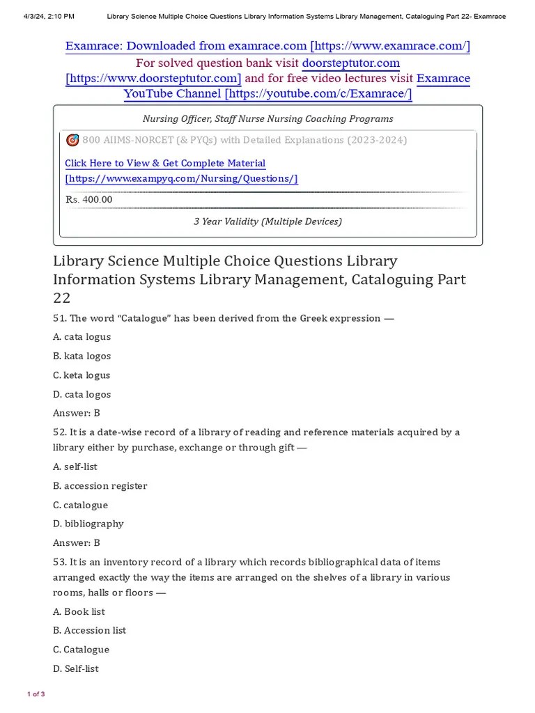 Library Science MCQs Part 22 | PDF | Libraries | Library Science