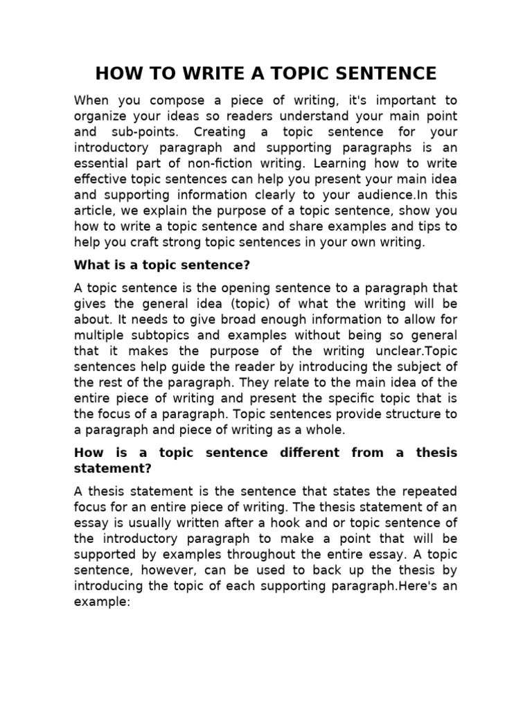 HOW TO WRITE A TOPIC SENTENCE | PDF | Sentence (Linguistics)