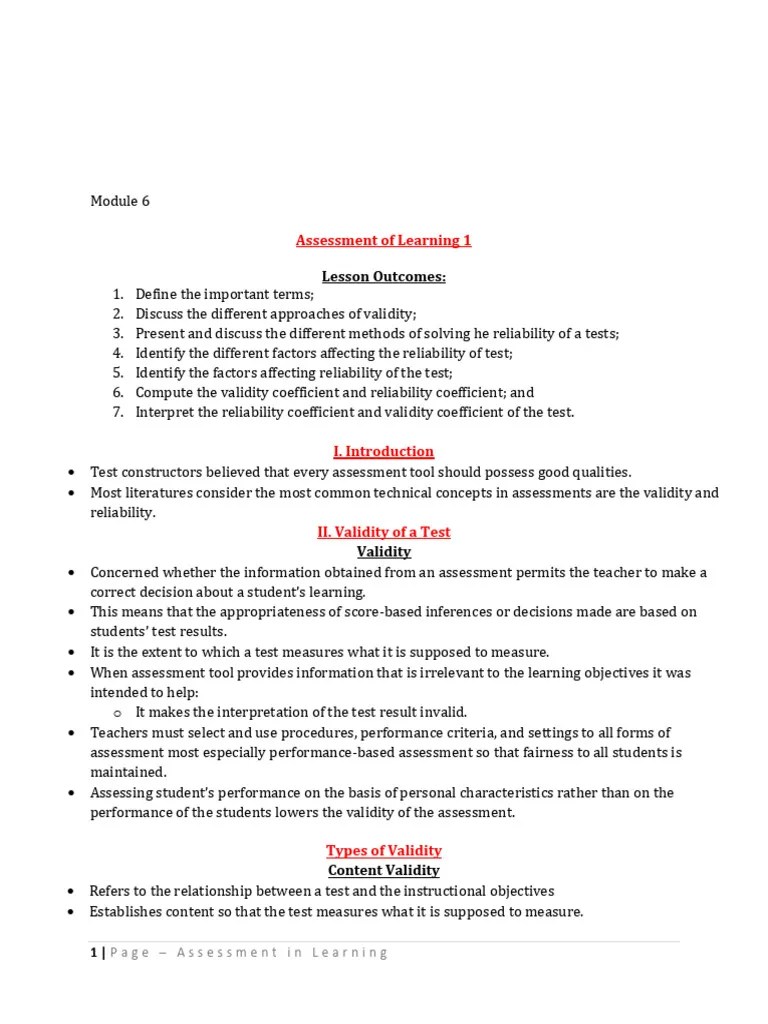 Module 6: Assessment Of Learning 1 | PDF | Validity (Statistics) | Educational Assessment