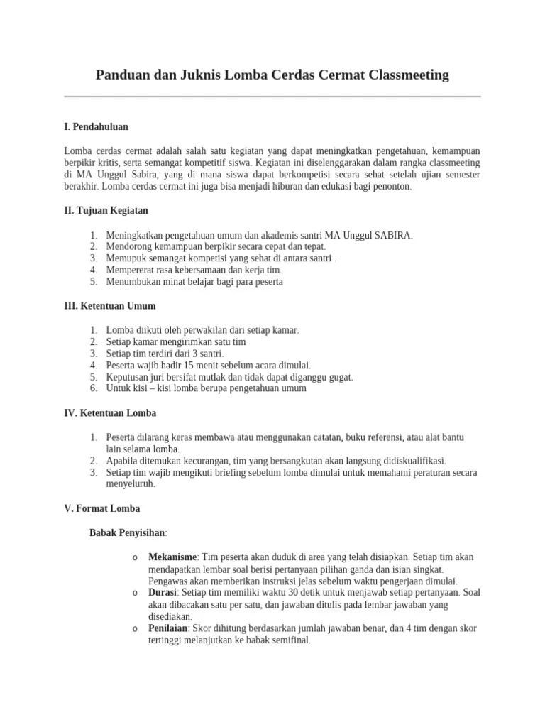 Panduan Dan Juknis Lomba Cerdas Cermat Classmeeting 2024 | PDF