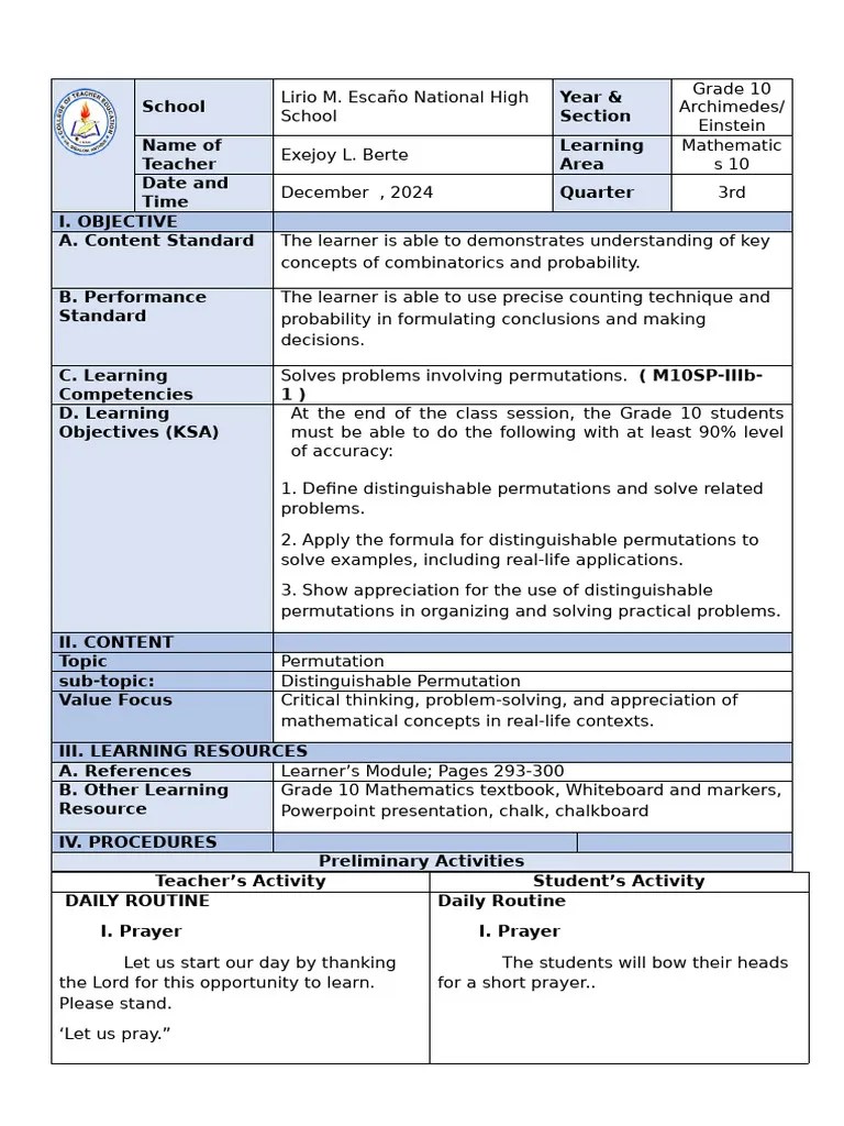 Lesson Plan 2 Distinguishable Permutation | PDF | Permutation | Cognition