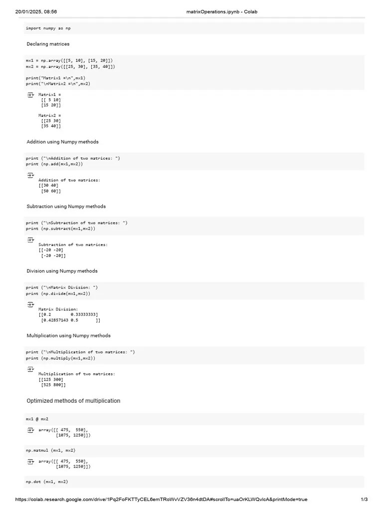 MatrixOperations.ipynb - Colab | PDF | Matrix (Mathematics) | Operator ...