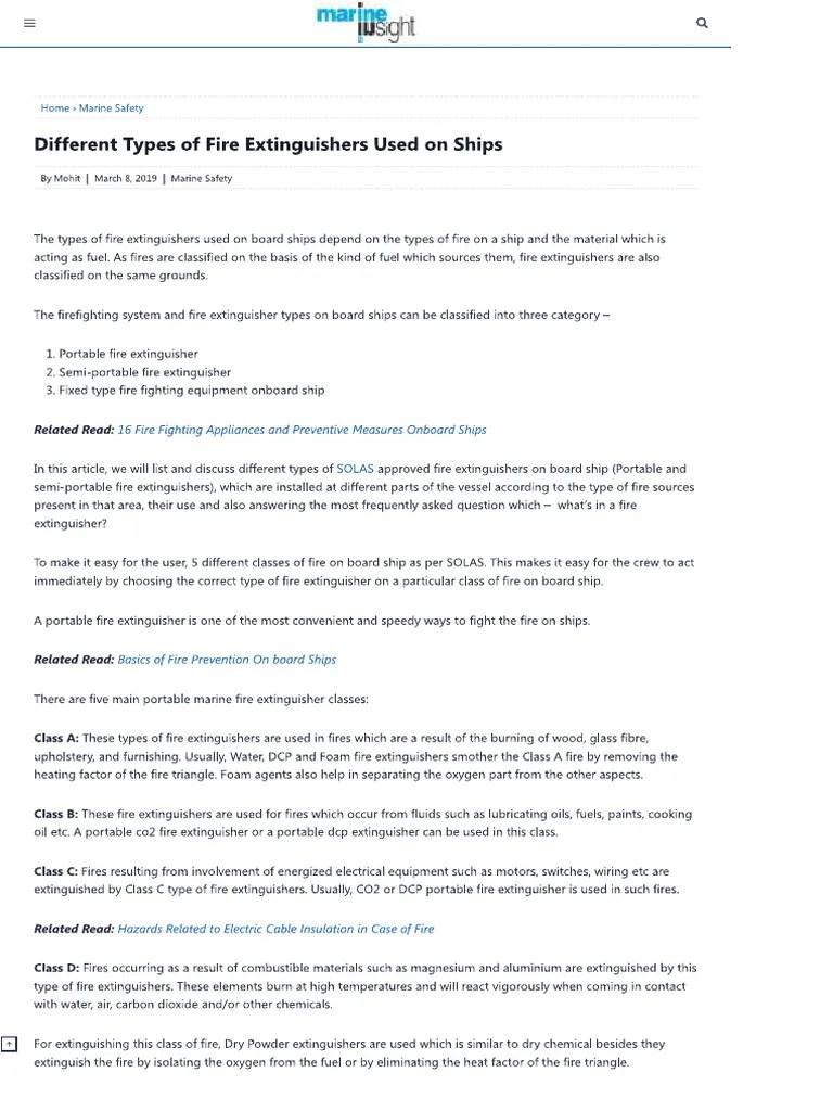 Different Types Of Fire Extinguishers Used On Ships | PDF