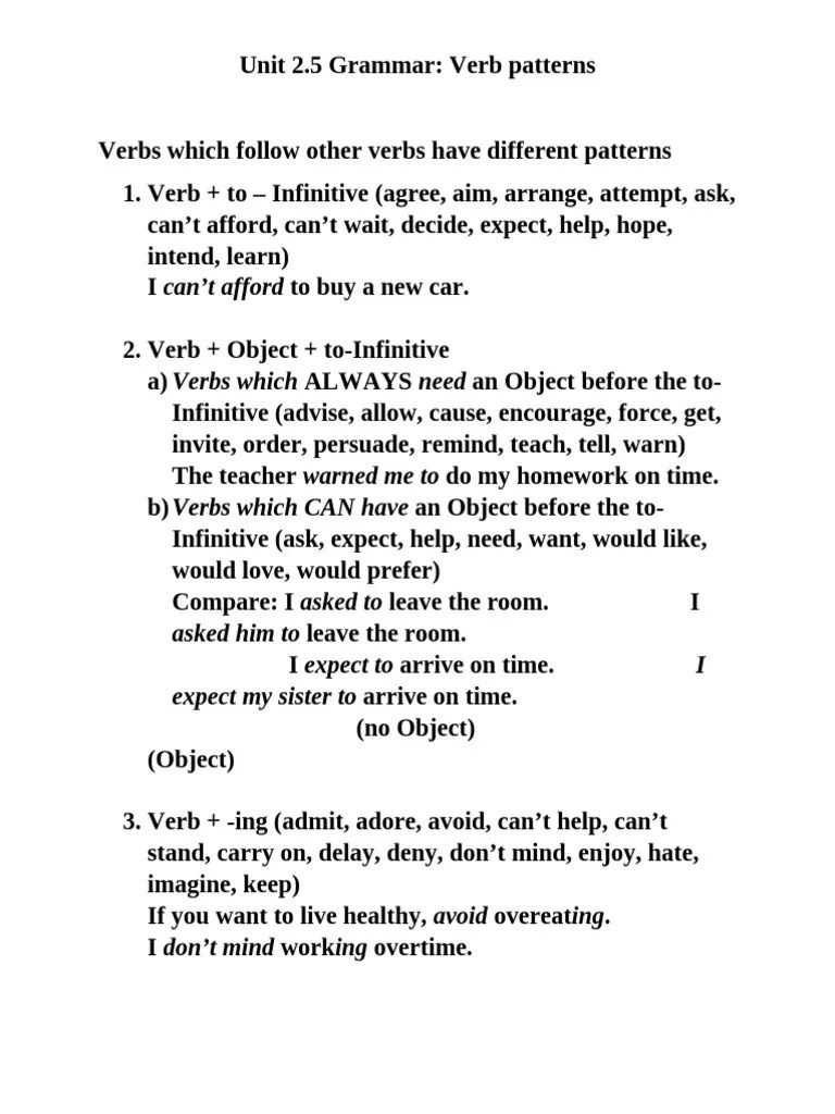 Unit_2.5_Grammar_Verb Patterns | PDF | Verb