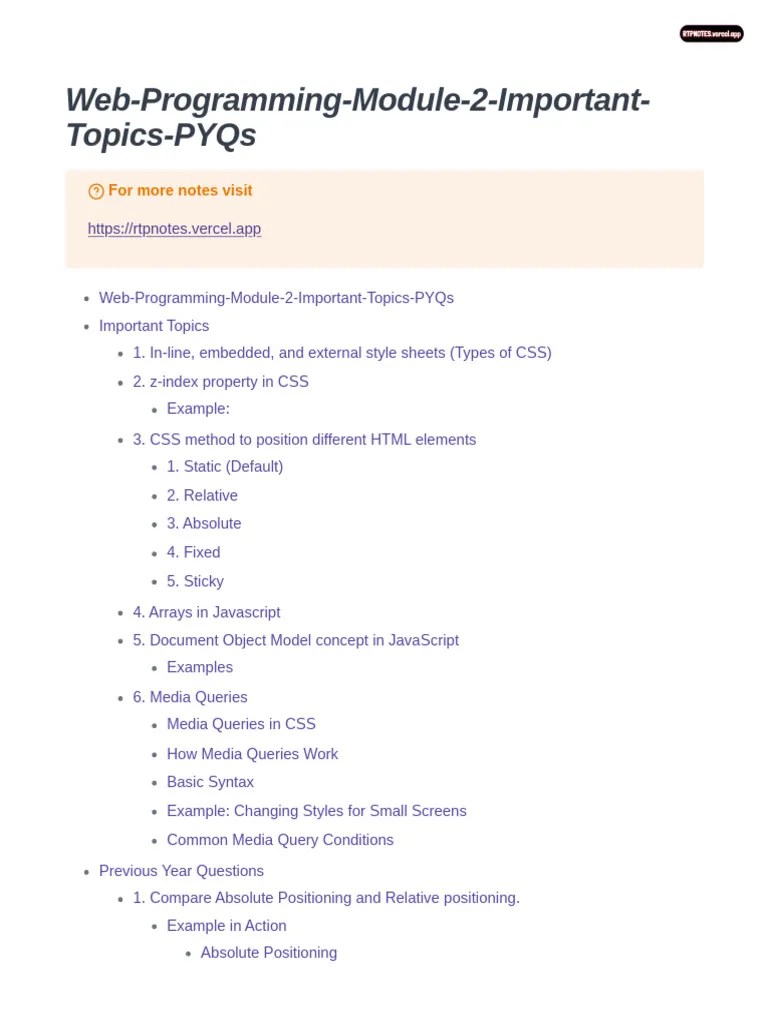 Web Programming Module 2 Important Topics PYQs | PDF | Document Object ...
