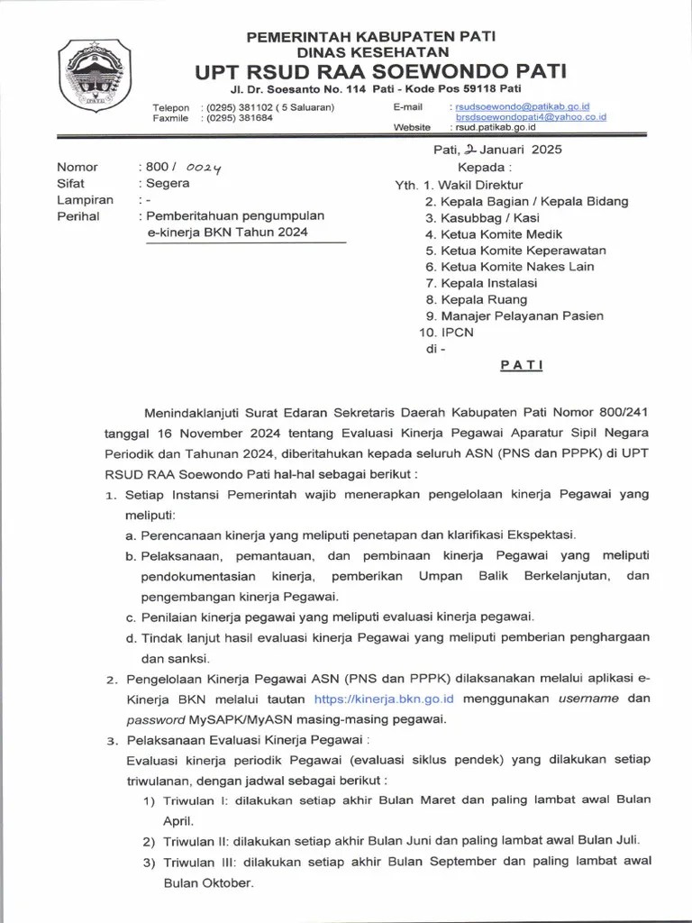 Surat Edaran Pengumpulan Ekinerja BKN TH 2024 | PDF