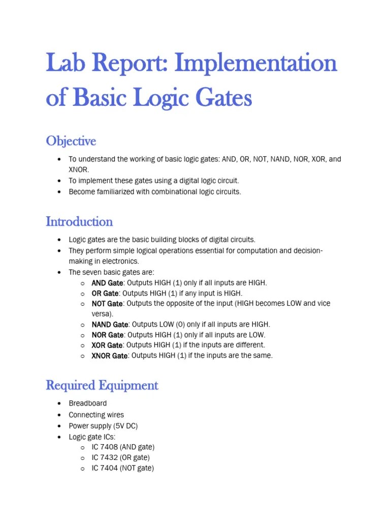 Lab Report Implementation Of Basic Logic Gates | PDF | Logic Gate | Electronic Engineering