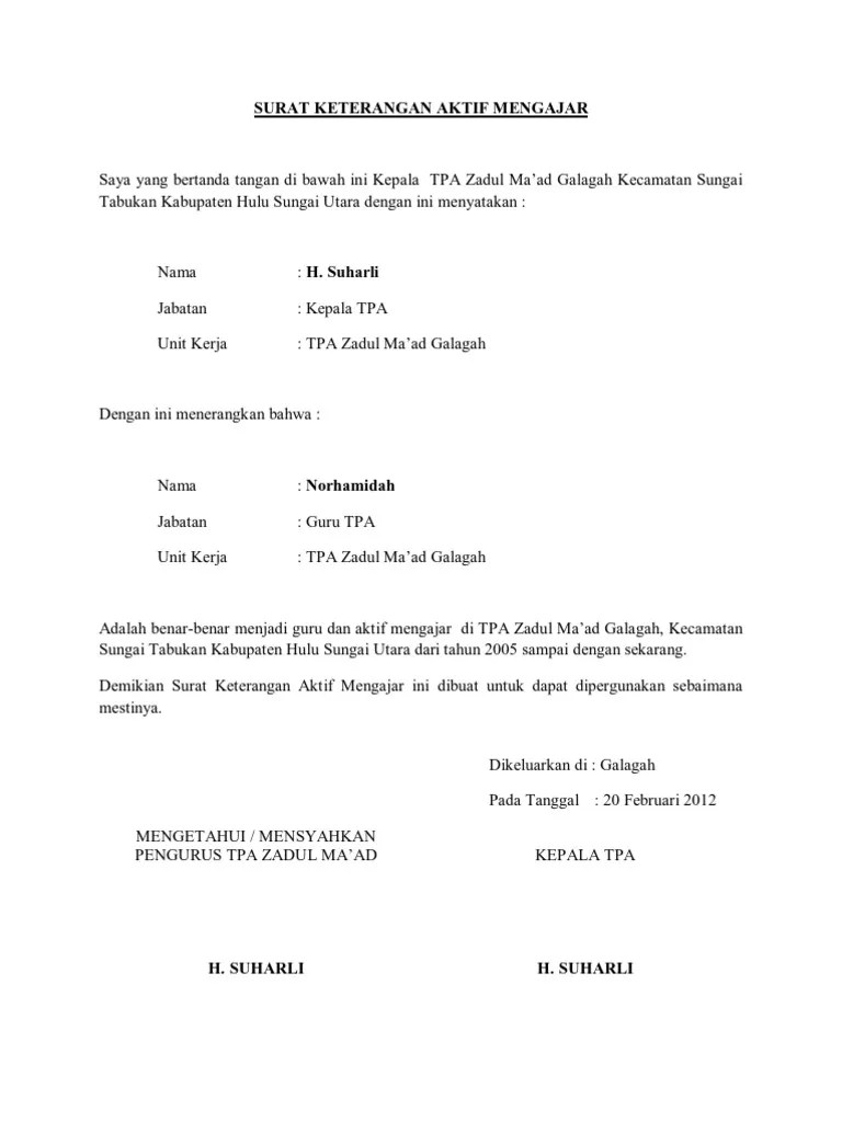Contoh Surat Keterangan Aktif Mengajar Guru Honorer Nusagates