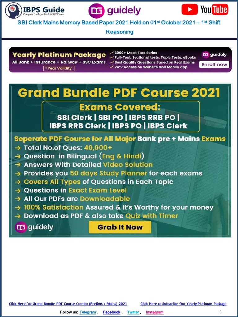 SBI Clerk Mains 2021 Memory Based Question Paper-Reasoning Ability ...