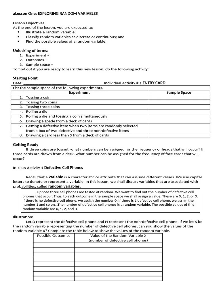 Lesson 1 Exploring Random Variables 1 | PDF | Random Variable | Probability Distribution
