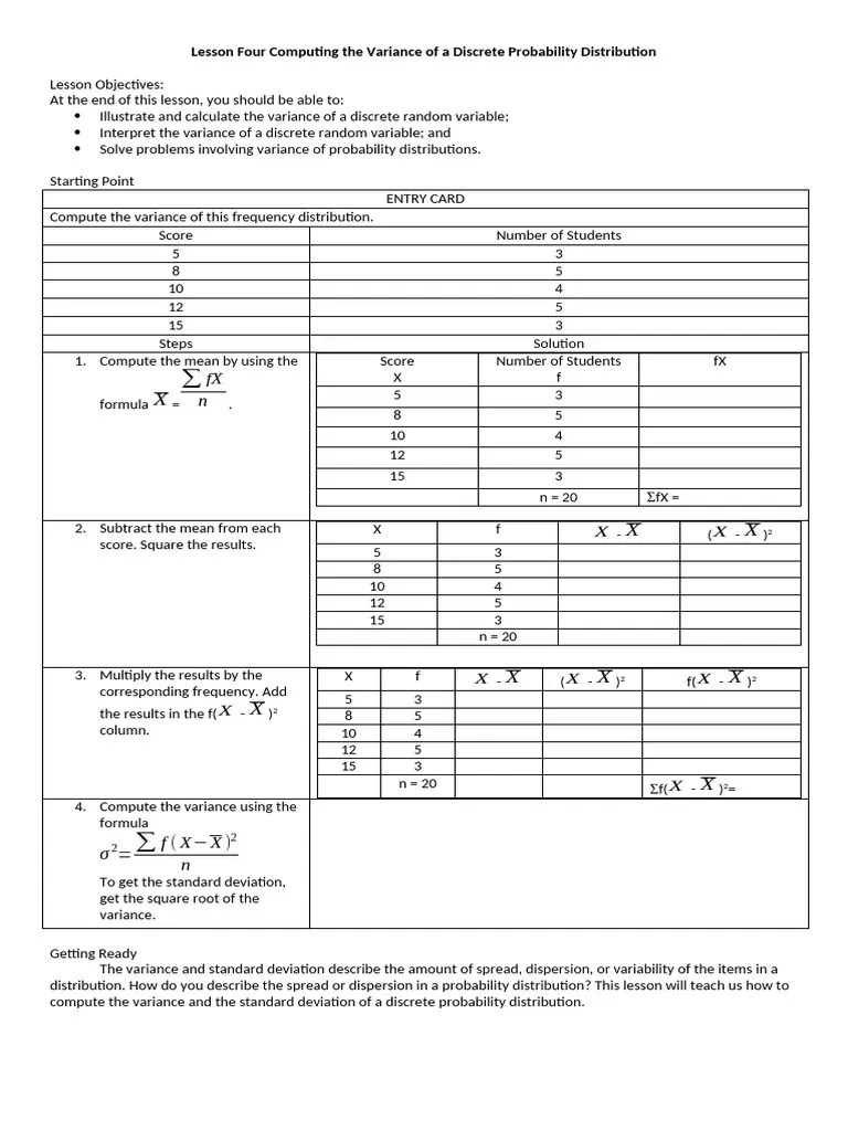 Lessosn 4 Computing The Variance Of A Discrete Probability Distribution ...