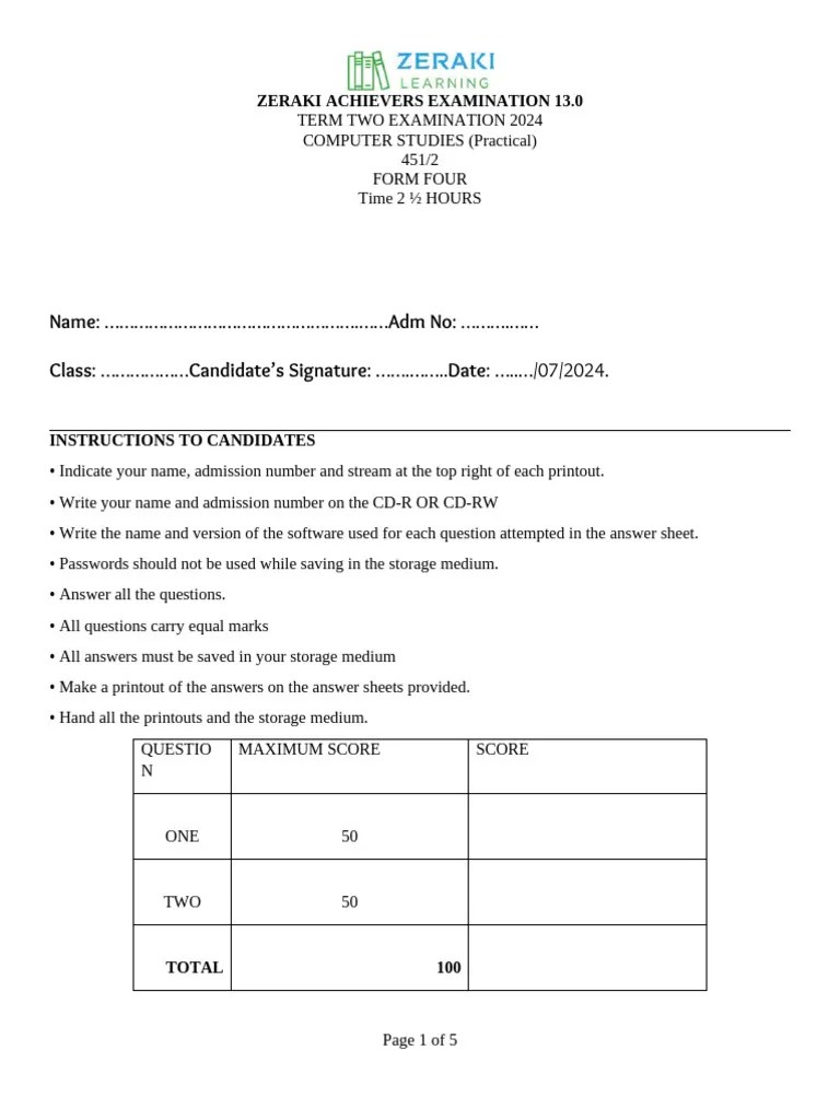 Mwendo College Computer Studies Exam 2024 Pdf Computing