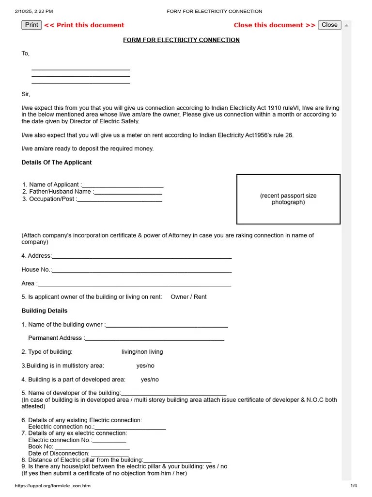 Form For Electricity Connection | PDF | Mains Electricity | Electric Power