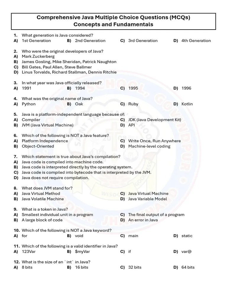 Comprehensive Java Multiple Choice Questions | PDF | Java (Programming ...
