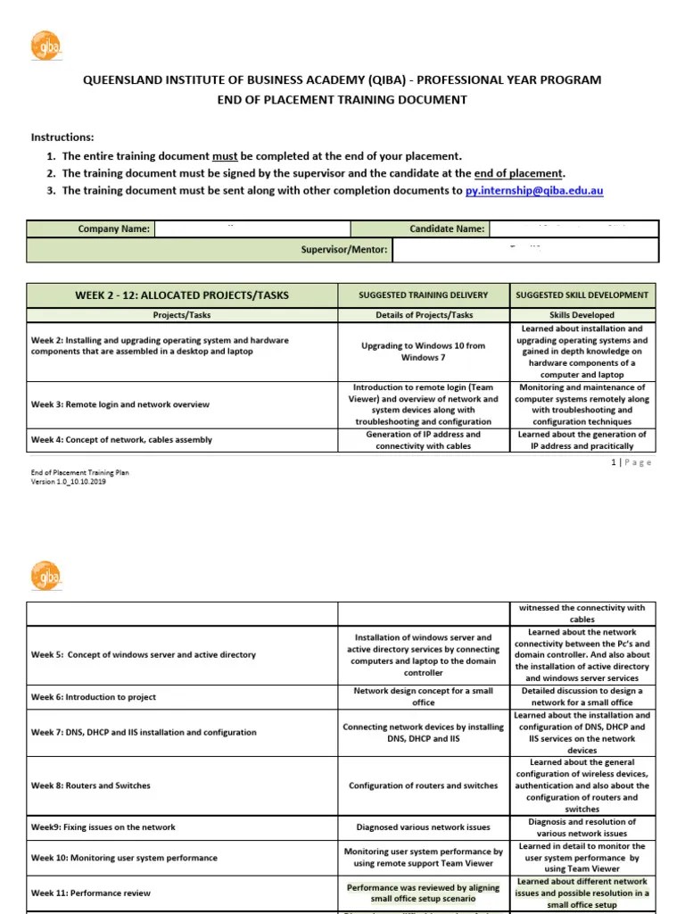 End Of Placement Training Plan 1 Pdf Computer Network Active
