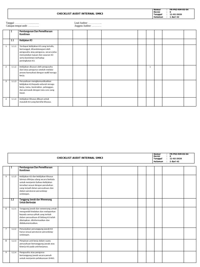Internal Audit Checklist SMK3 PP 50-2012 (Form Kosong) | PDF