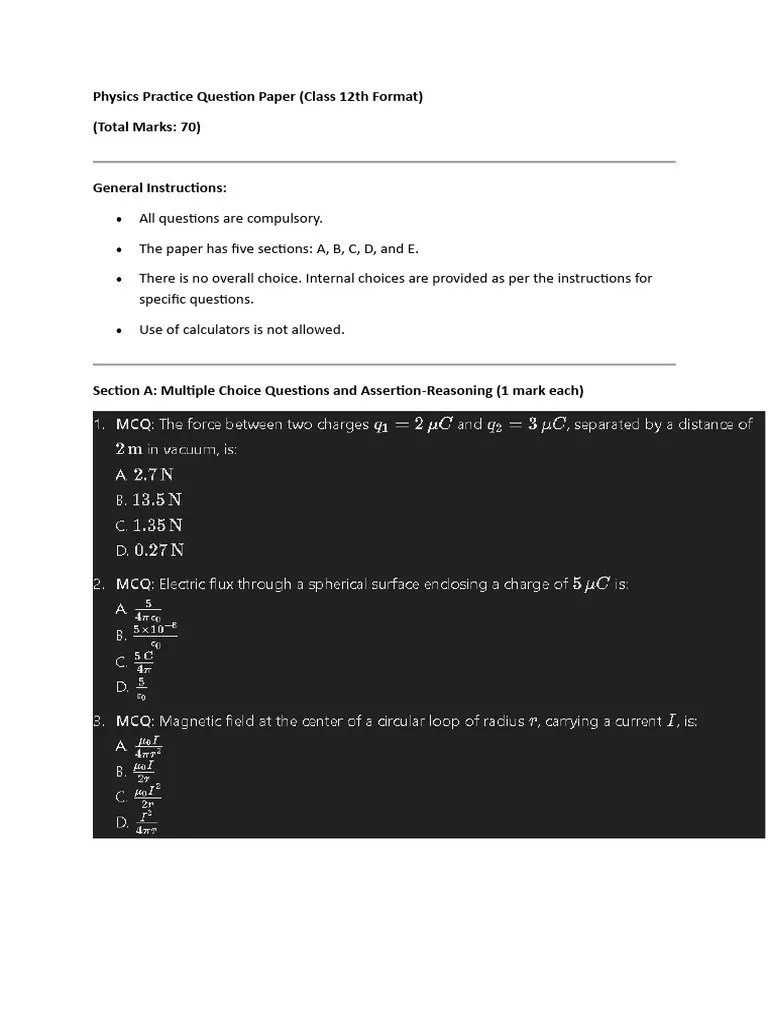 Physics Practice Question Paper Pdf