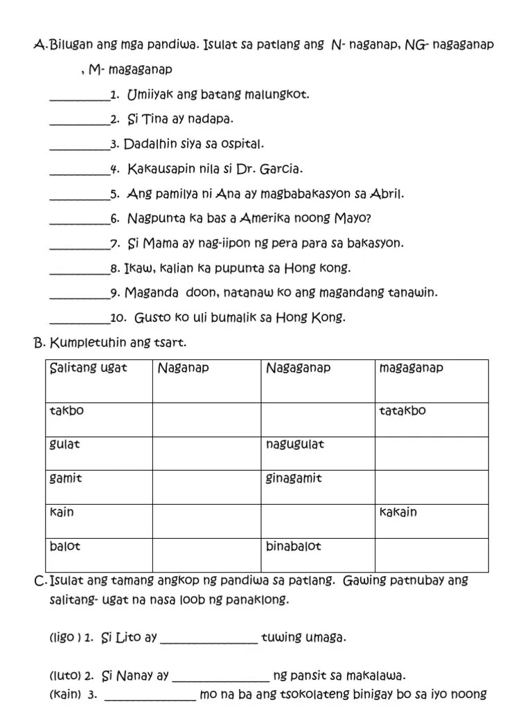 Aspekto ng pandiwa worksheet