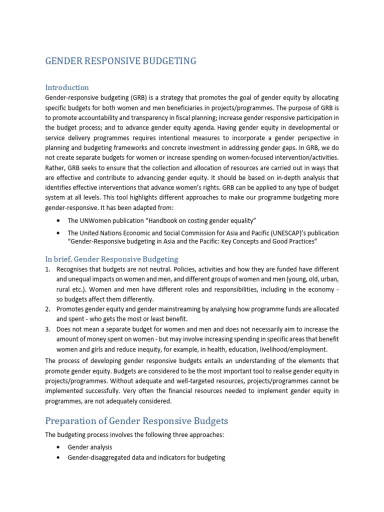 Gender Responsive Budgeting Tool Pdf Budget Gender Equality