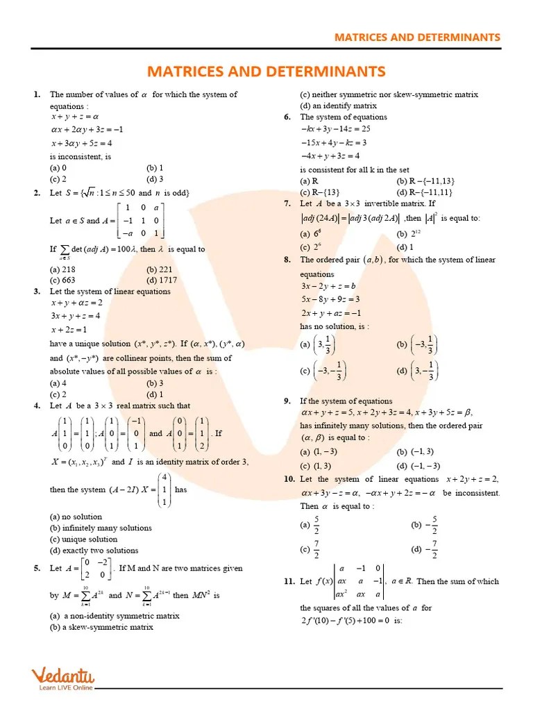 JEE Main Matrices And Determinants Practice Paper With Solutions ...