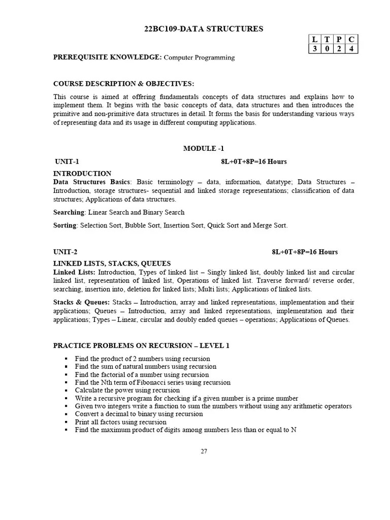 Data Structures Syllabus | PDF | Algorithms And Data Structures ...