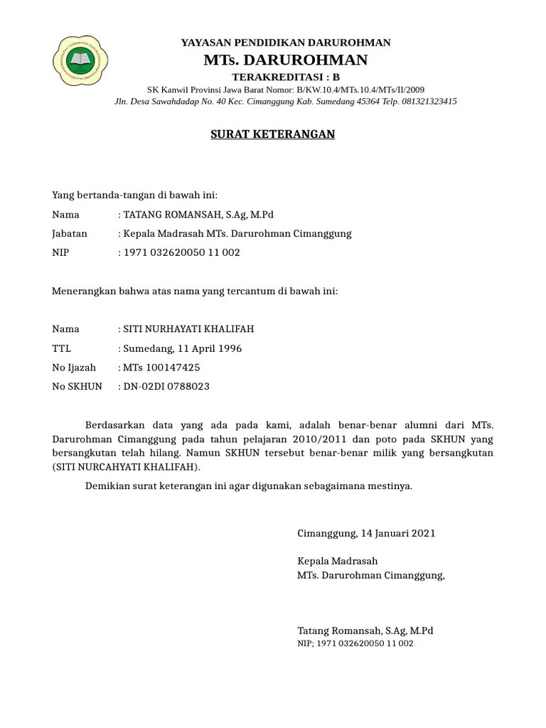 Surat Keterangan Alumni Mts Darurohman Pdf