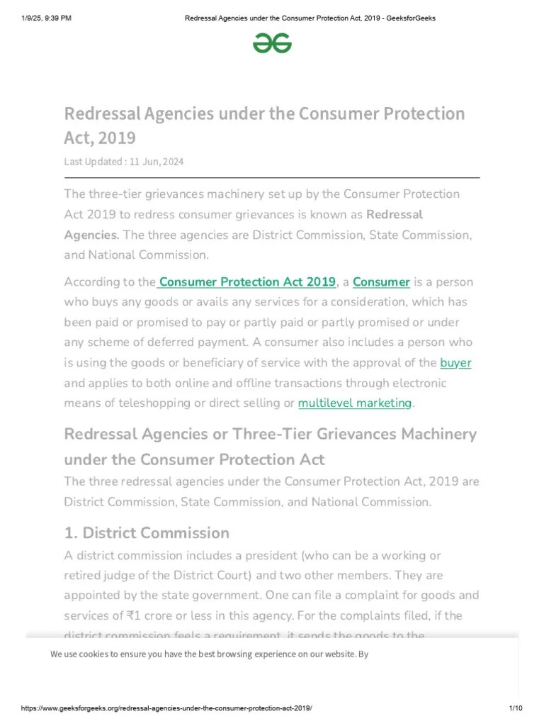 Redressal Agencies Under The Consumer Protection Act, 2019 - GeeksforGeeks | PDF | Complaint ...