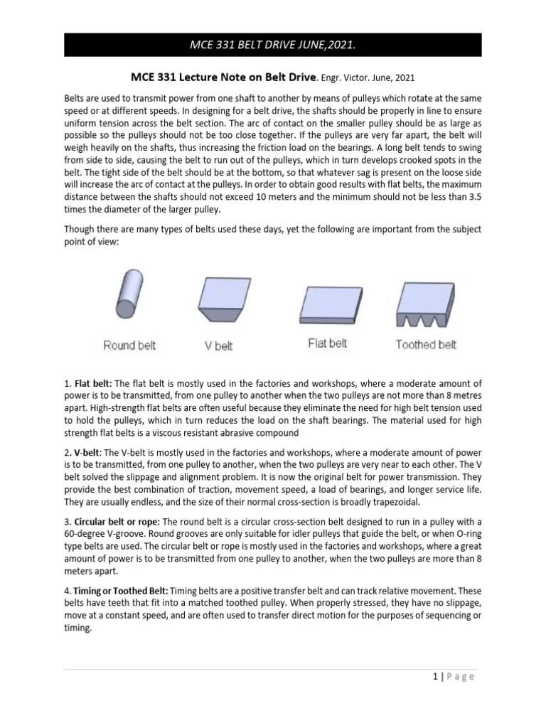 MCE 331 Lecture Note On Belt Drive | PDF | Belt (Mechanical) | Mechanical Engineering