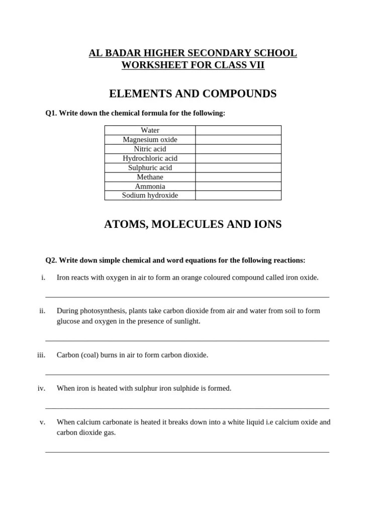 Class Vii Worksheet Elements Compounds Pdf