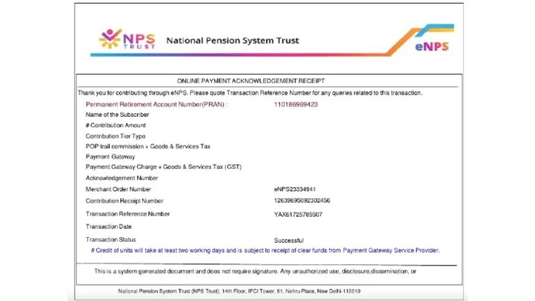 Nps Payment Acknowledgment Receipt Pdf