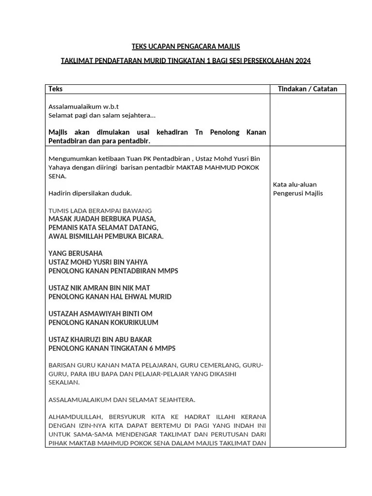 TEKS UCAPAN PENGACARA MAJLIS Pendaftaran Tingkatan 1 2025docx | PDF