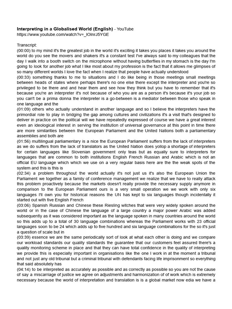 Interpreting In A Globalised World English YouTube | PDF | Language Interpretation | European ...