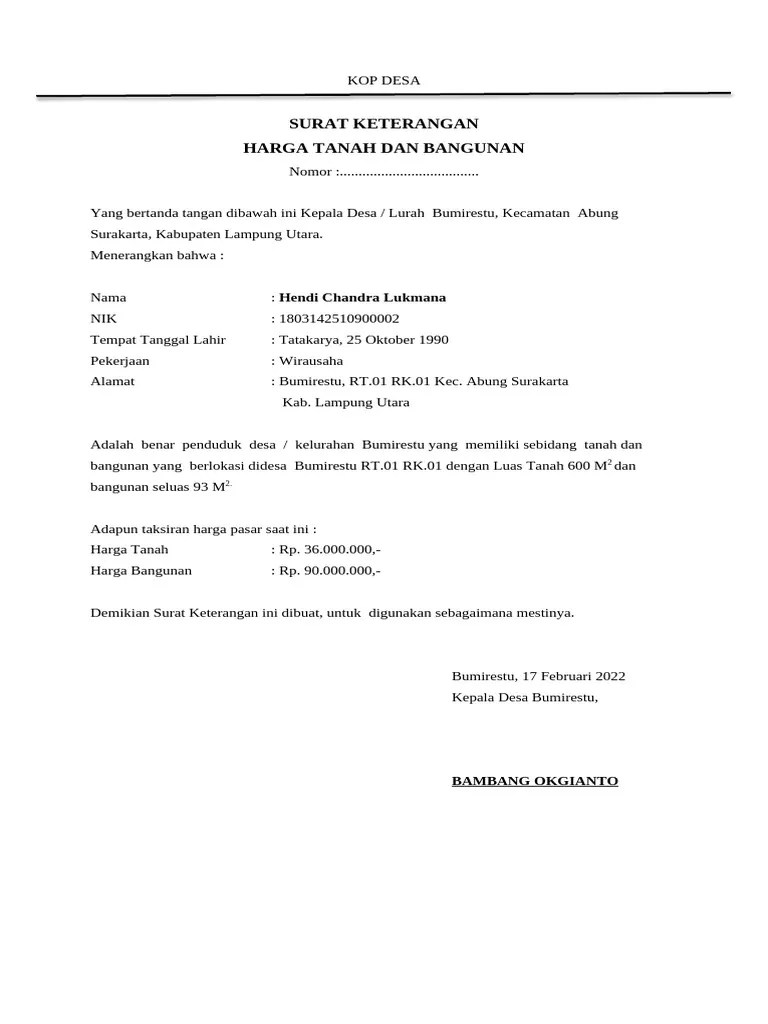 Surat Keterangan Harga Tanah Dan Bangunan | PDF