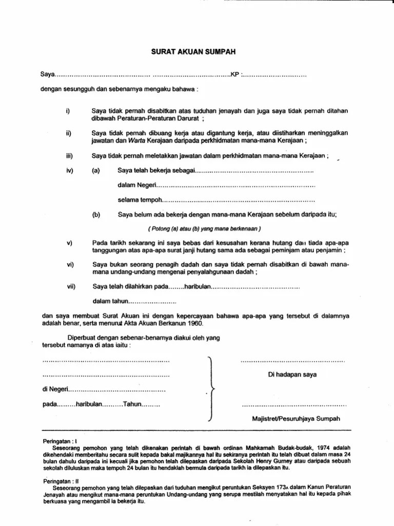 Borang akuan sumpah yang lengkap. surat akuan sumpah