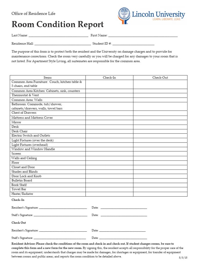 Room Condition Form Fillable Pdf