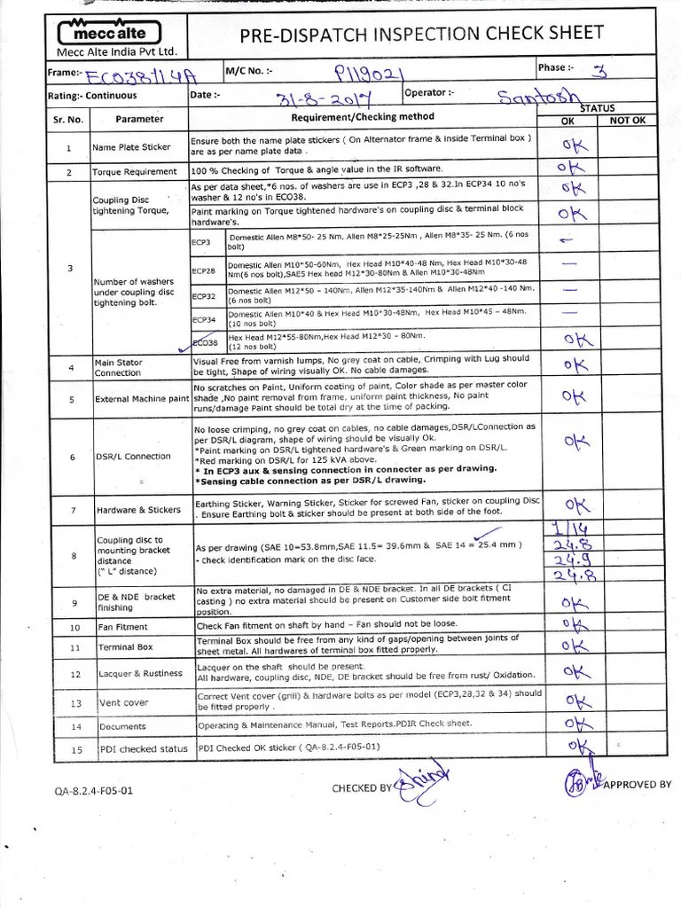 Inspection Check Sheet Pdf Manufactured Goods