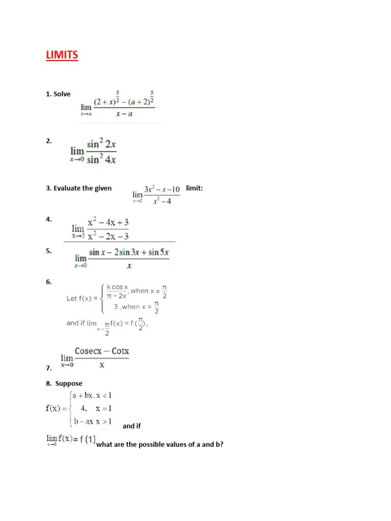 Limits And Derivatives Worksheet Pdf