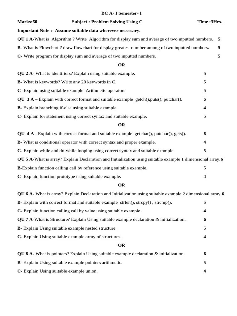 Problem Solving Using C Qestion Paper | PDF | Pointer (Computer ...